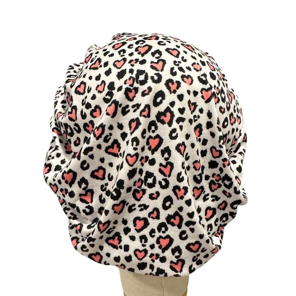 Leopard Pink Heart Bouffant Scrub Cap, Headband Style Surgical Hat