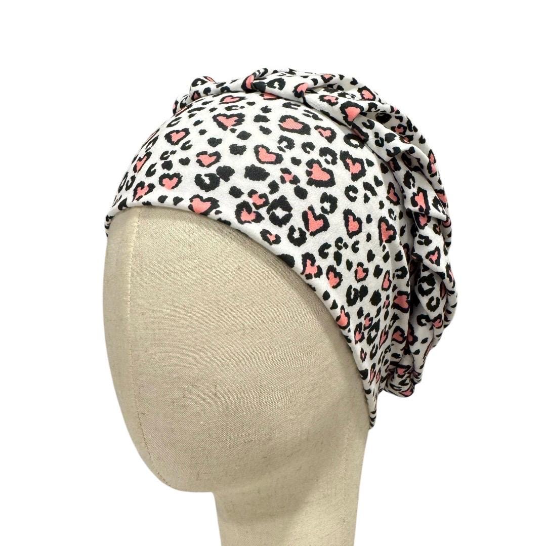 Leopard Pink Heart Bouffant Scrub Cap, Headband Style Surgical Hat