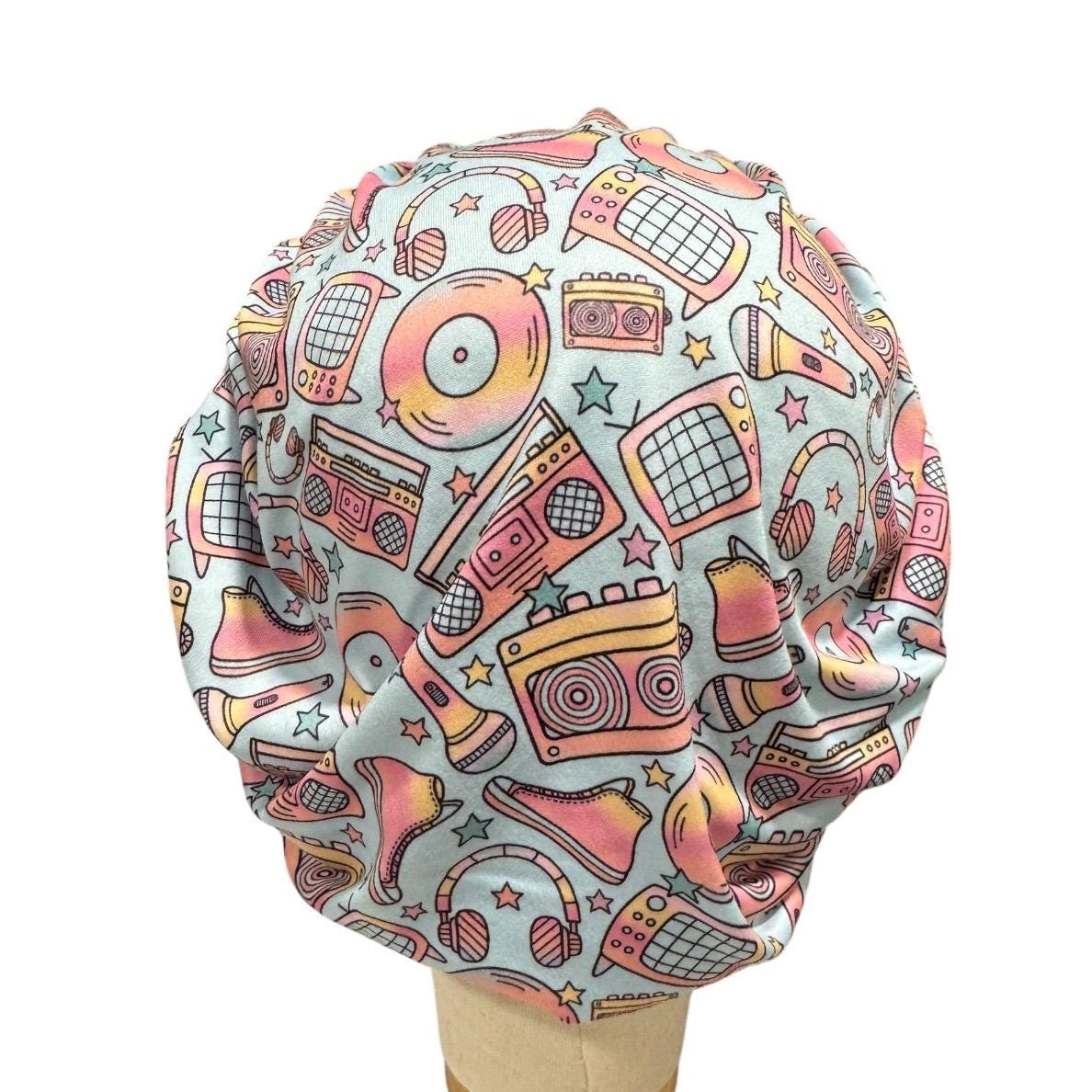 Retro Music Bouffant Scrub Cap, Headband Style Surgical Hat