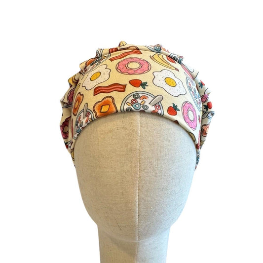 Breakfast Scrub Cap Bouffant, Donut Bacon Egg Print, Headband Style Scrub Hat
