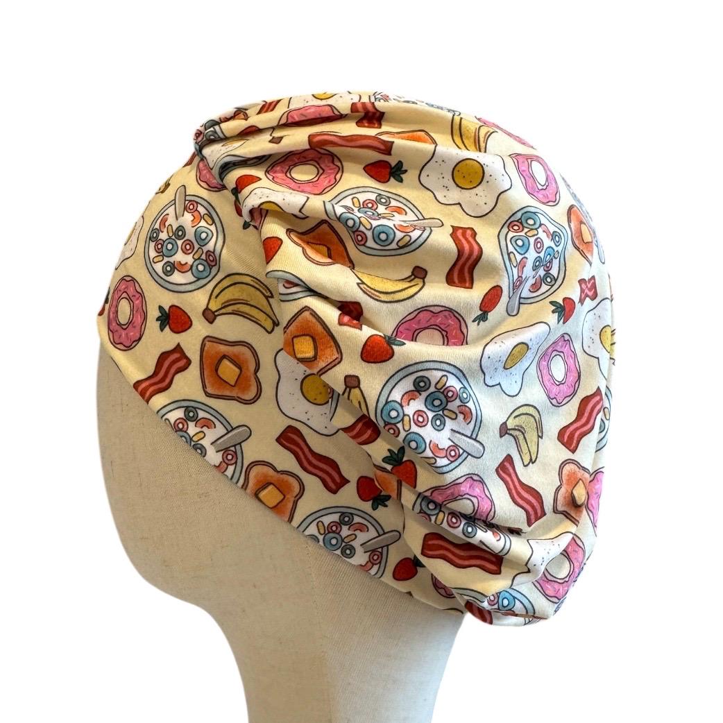 Breakfast Scrub Cap Bouffant, Donut Bacon Egg Print, Headband Style Scrub Hat