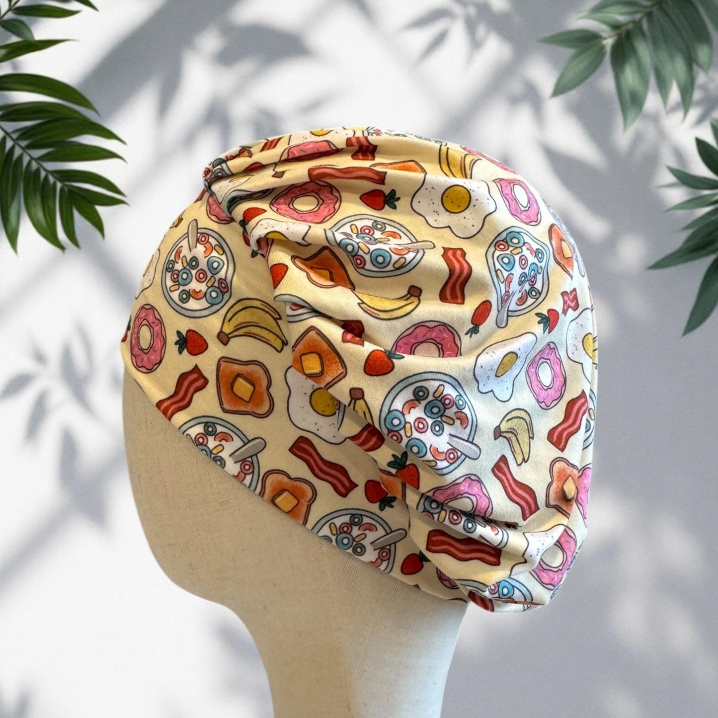 Breakfast Scrub Cap Bouffant, Donut Bacon Egg Print, Headband Style Scrub Hat