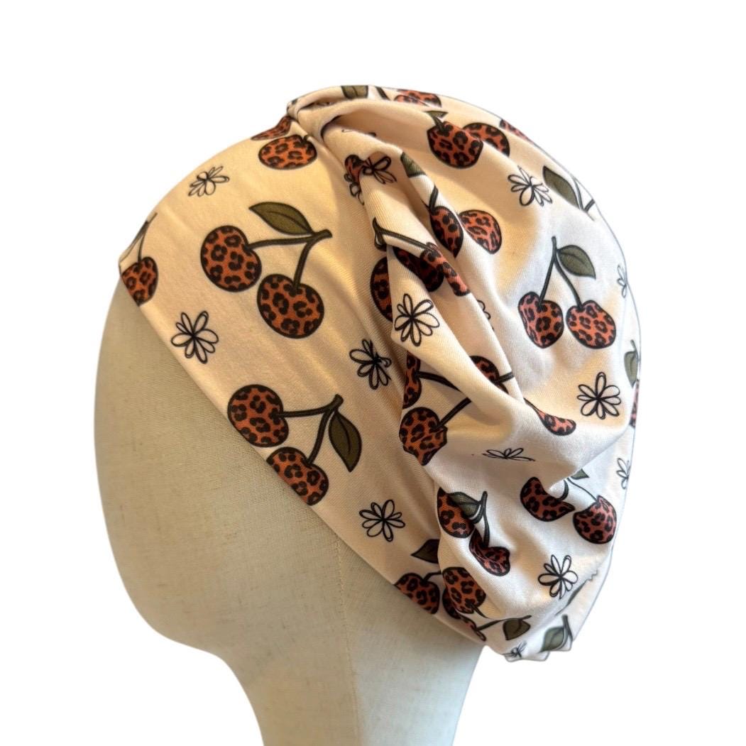 Cherry Cheetah Bouffant Scrub Cap, Headband Style Scrub Cap