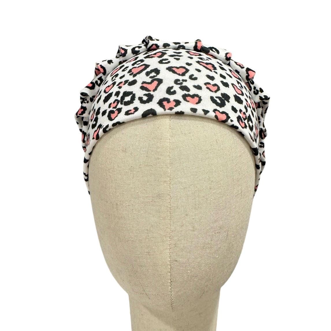 Leopard Pink Heart Bouffant Scrub Cap, Headband Style Surgical Hat