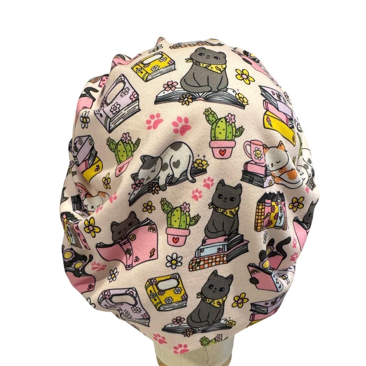 Cat Lover Bouffant Scrub Cap – Cute Cat & Books Surgical Cap, Nurse Hat