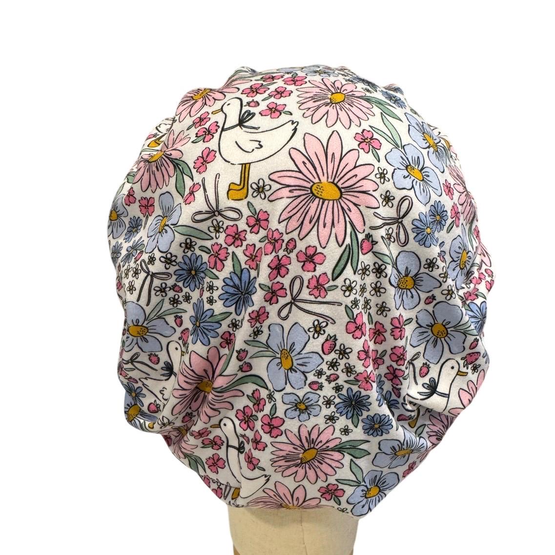 Pastel Floral Geese Scrub Cap, Bouffant Surgical Cap, Soft Flower Print Nurse Hat, Women’s Work Cap