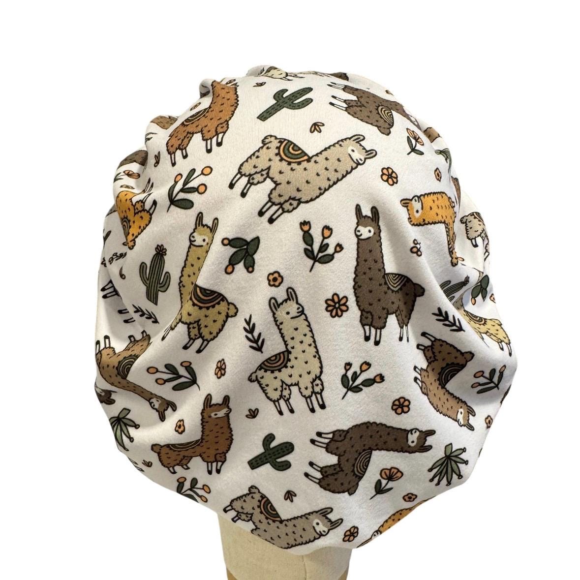 Llama Bouffant Scrub Cap – Cute Animal Surgical Cap, Nurse Hat, White Llama print