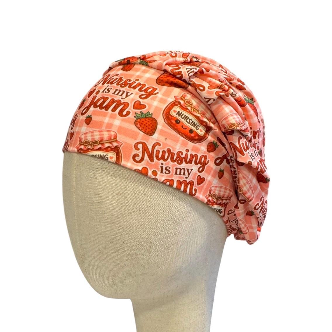 Nursing Jam Strawberry Bouffant Scrub Cap, Headband Style, Surgical Hat