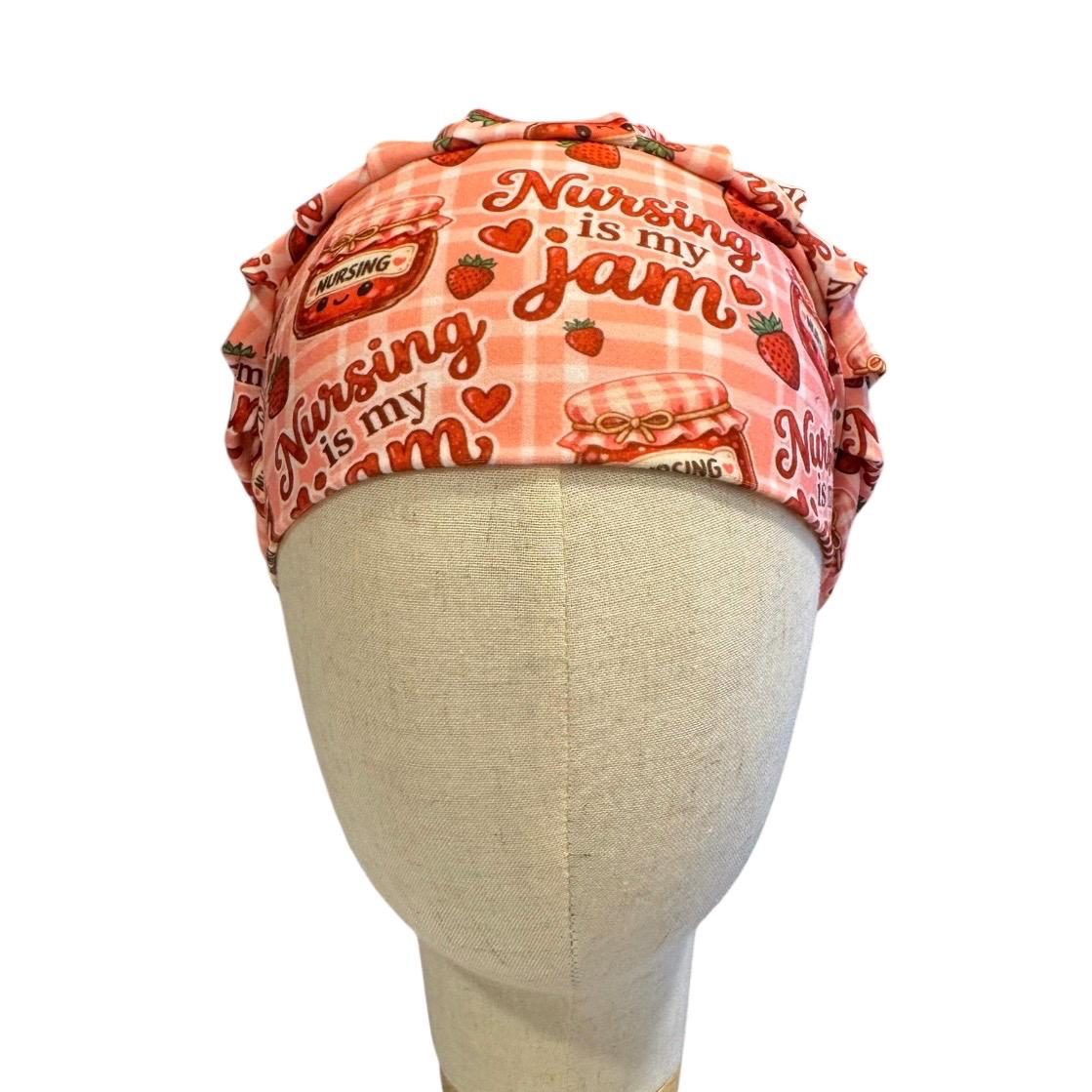 Nursing Jam Strawberry Bouffant Scrub Cap, Headband Style, Surgical Hat