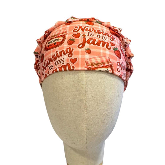 Nursing Jam Strawberry Bouffant Scrub Cap, Headband Style, Surgical Hat