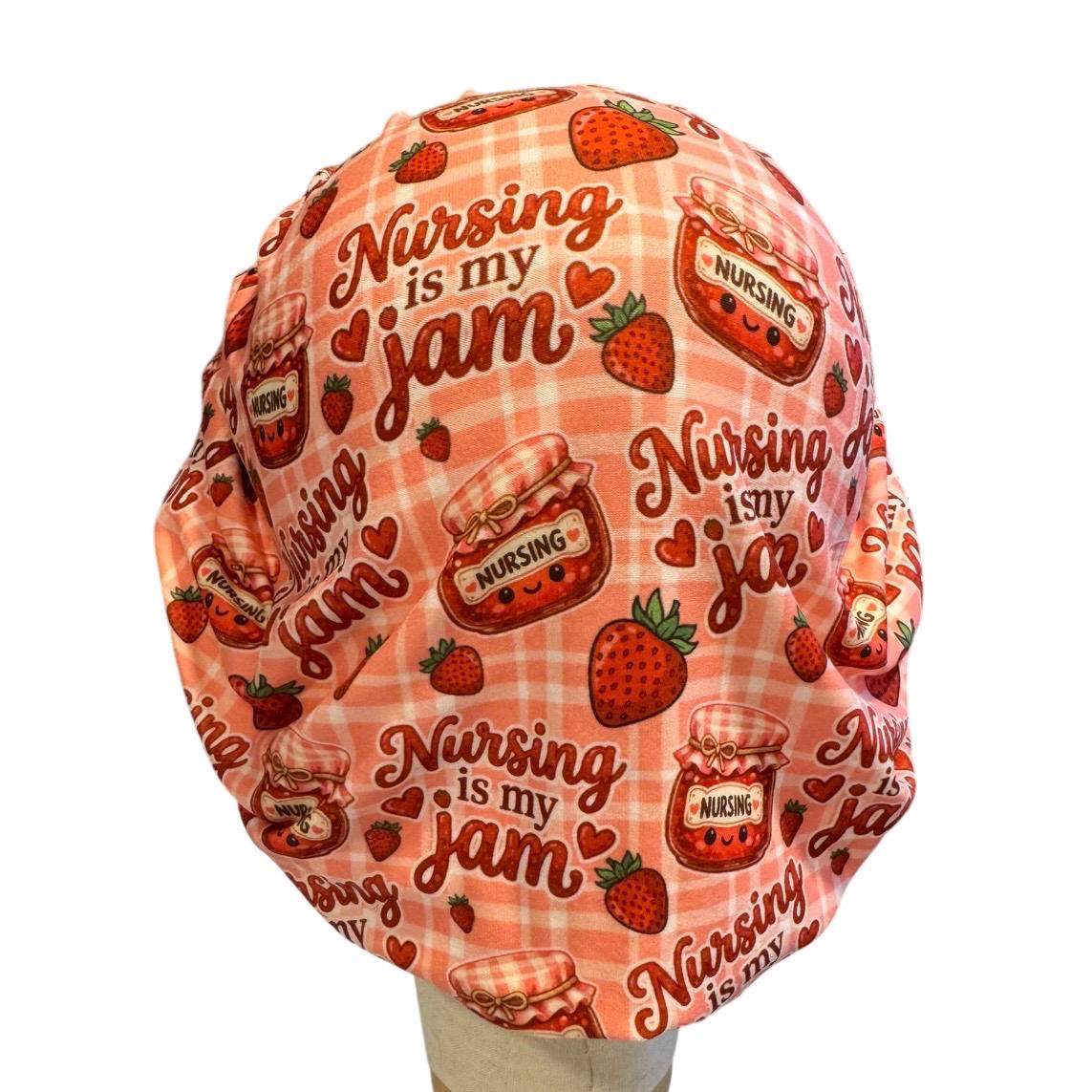 Nursing Jam Strawberry Bouffant Scrub Cap, Headband Style, Surgical Hat