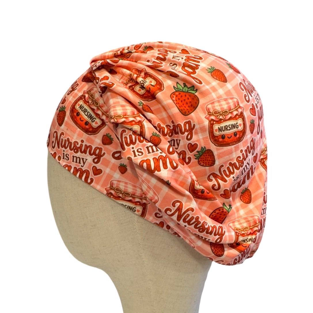 Nursing Jam Strawberry Bouffant Scrub Cap, Headband Style, Surgical Hat