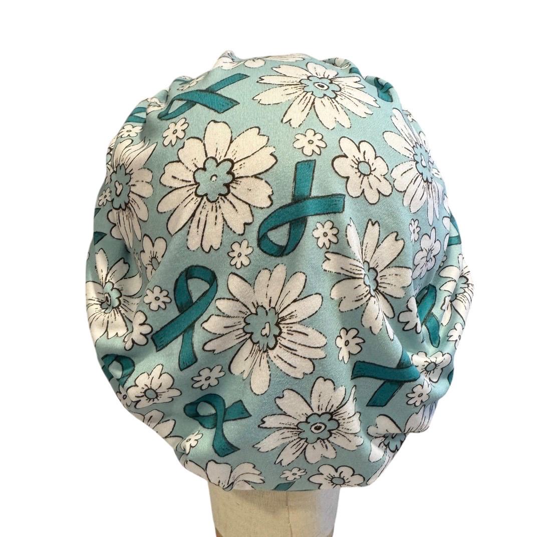 Teal Ribbon Floral Bouffant Scrub Cap, Headband Style, Breast Cancer Awareness