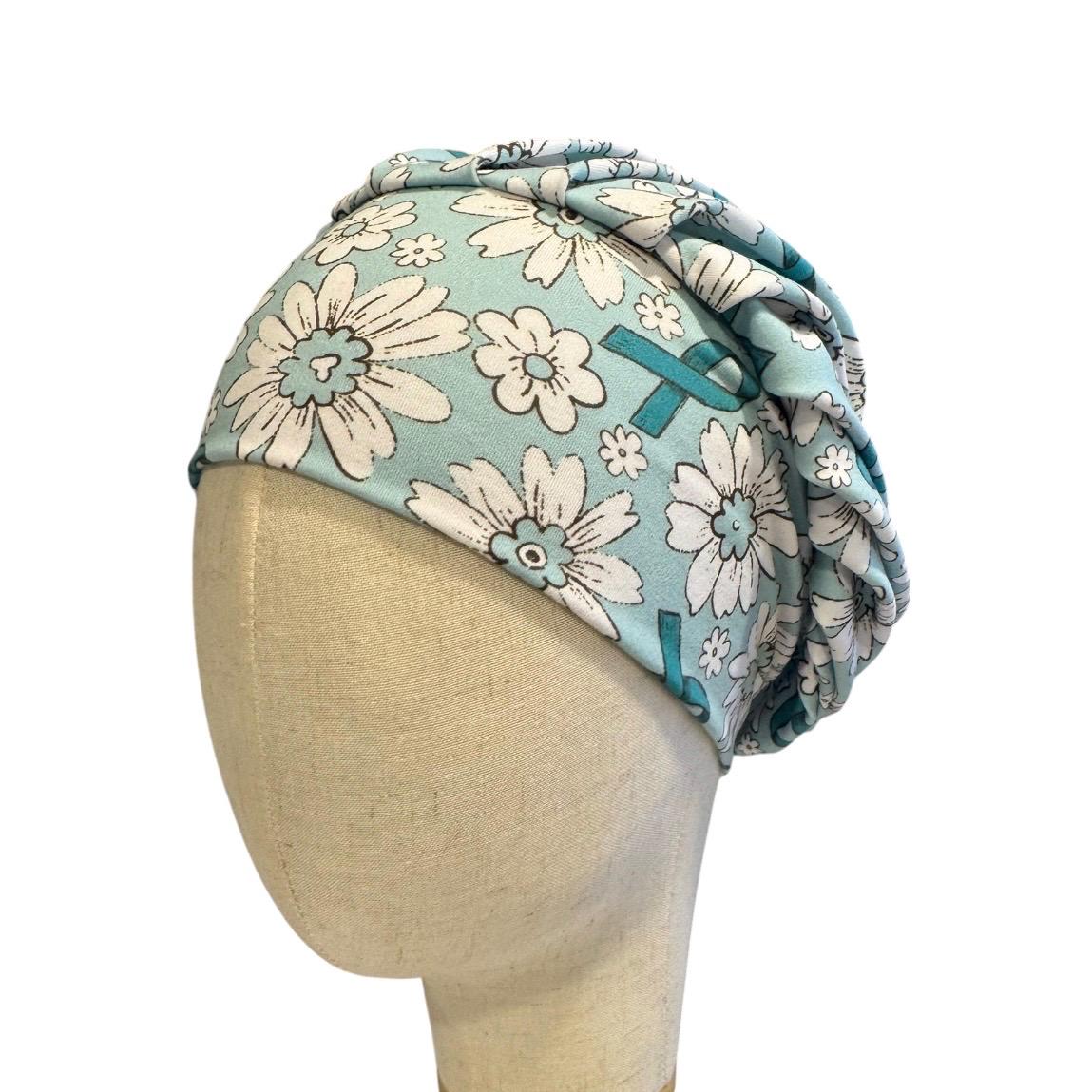 Teal Ribbon Floral Bouffant Scrub Cap, Headband Style, Breast Cancer Awareness