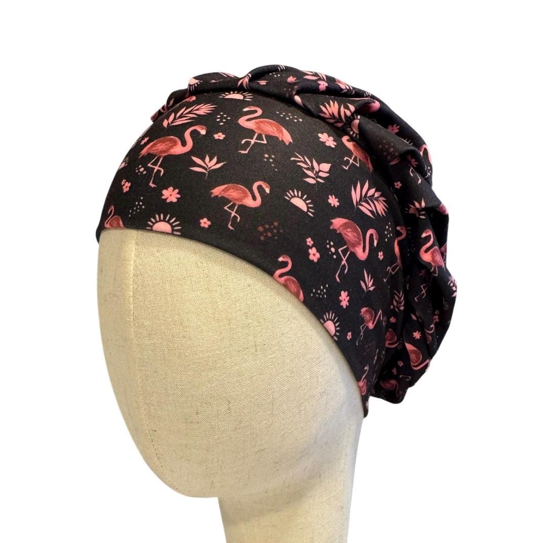 Flamingo on Black Bouffant Scrub Cap: Soft Stretchy Headband Style Surgical Hat