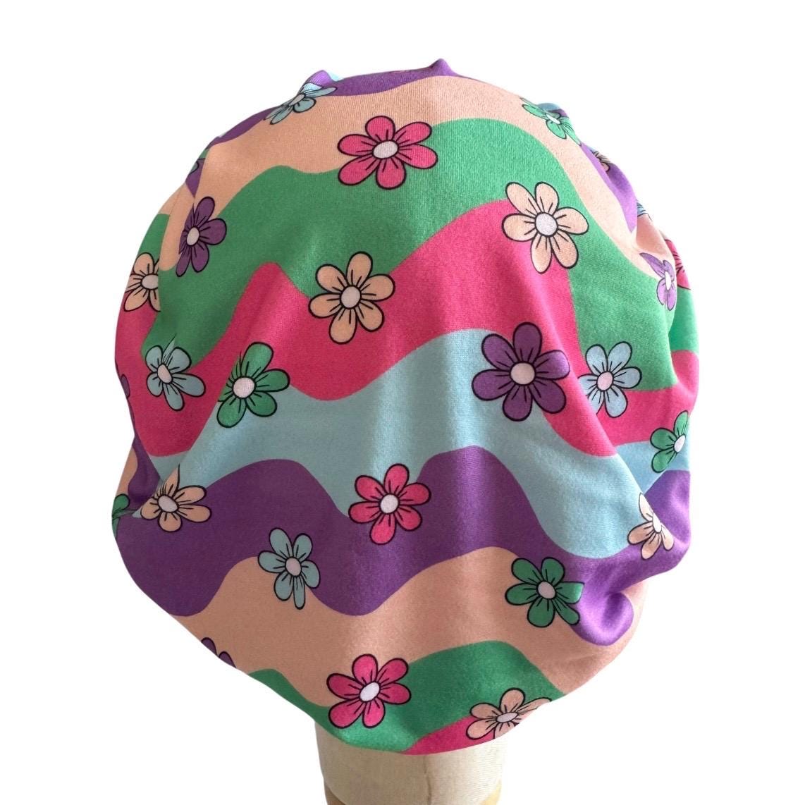 Pastel Floral Bouffant Scrub Cap | Headband Style Surgical Cap | Colorful Nurse Scrub Hat | Ponytail Medical Cap