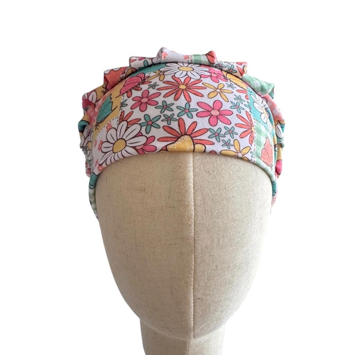 Butterfly Floral Bouffant Scrub Cap | Headband Style Nurse Cap | Colorful Patchwork Surgical Hat | Ponytail Scrub Cap
