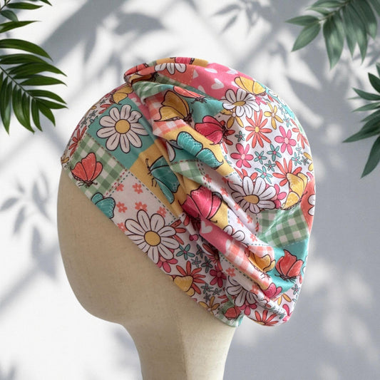 Butterfly Floral Bouffant Scrub Cap | Headband Style Nurse Cap | Colorful Patchwork Surgical Hat | Ponytail Scrub Cap