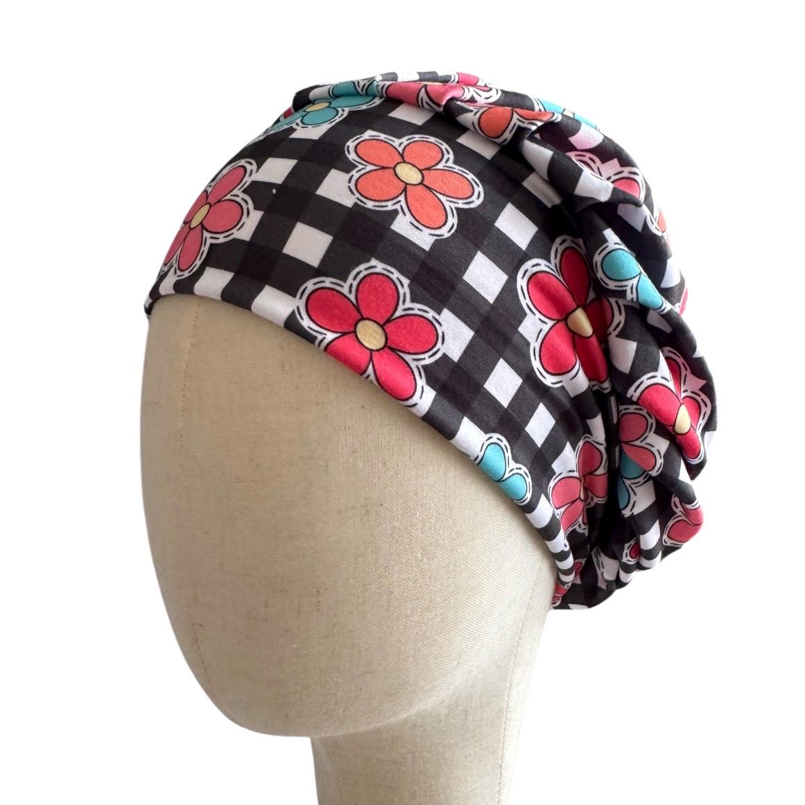 Floral Checkered Bouffant Scrub Cap | Headband Style Nurse Cap | Retro Flower Surgical Hat | Ponytail Medical Scrub Cap