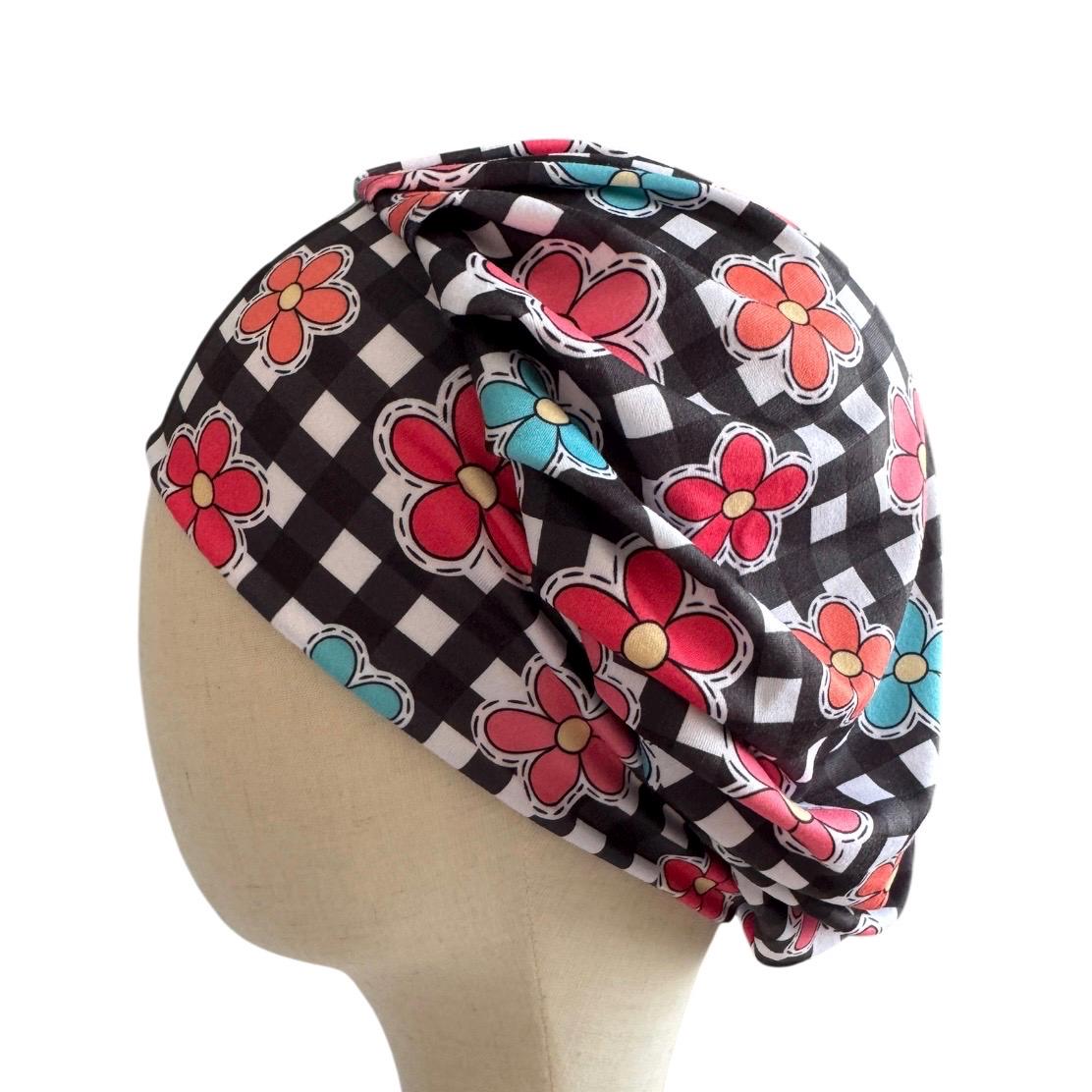 Floral Checkered Bouffant Scrub Cap | Headband Style Nurse Cap | Retro Flower Surgical Hat | Ponytail Medical Scrub Cap