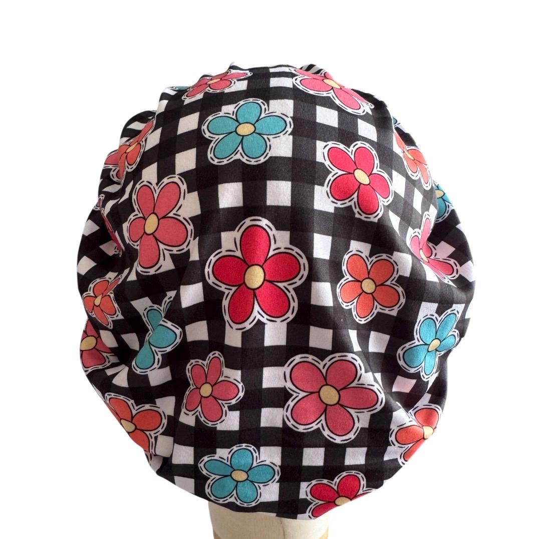 Floral Checkered Bouffant Scrub Cap | Headband Style Nurse Cap | Retro Flower Surgical Hat | Ponytail Medical Scrub Cap