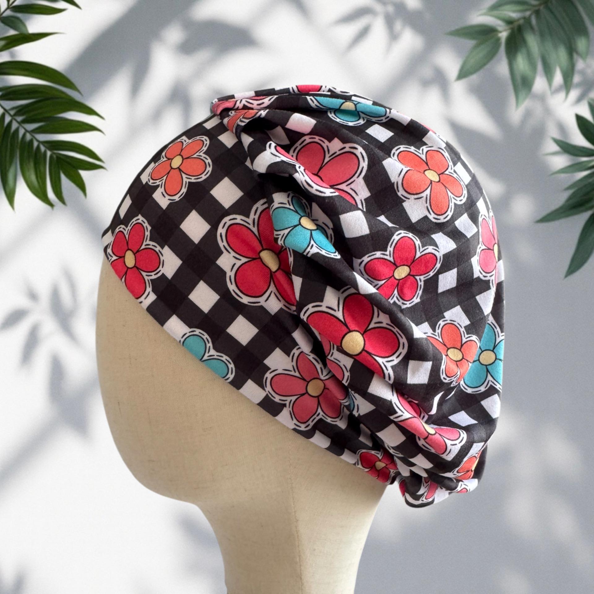 Floral Checkered Bouffant Scrub Cap | Headband Style Nurse Cap | Retro Flower Surgical Hat | Ponytail Medical Scrub Cap