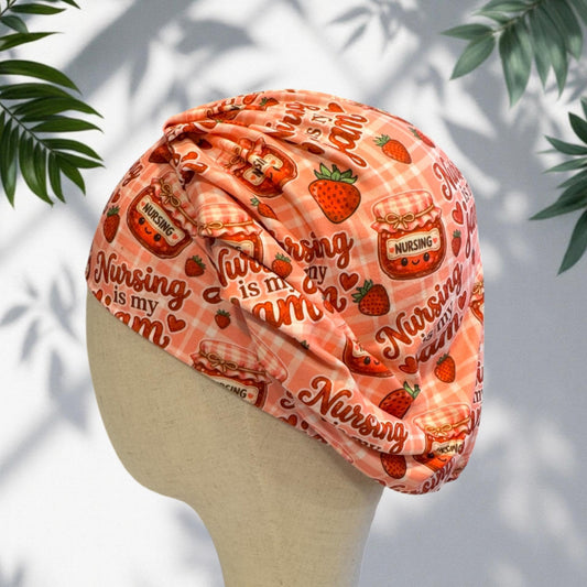 Nursing Jam Strawberry Bouffant Scrub Cap, Headband Style, Surgical Hat