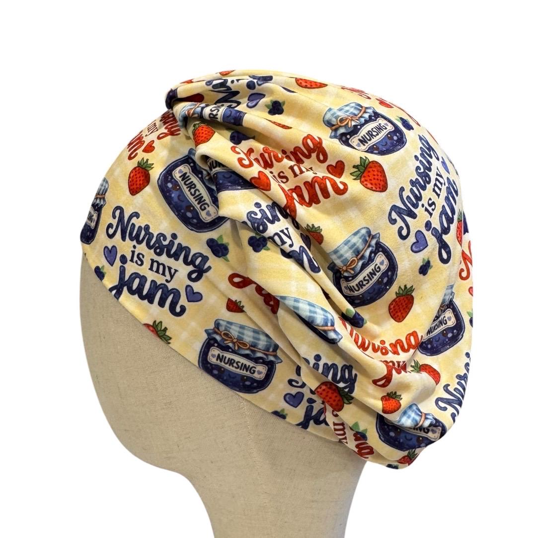 Nursing Jam Blueberry/Strawberry Bouffant Scrub Cap, Headband Style, Surgical Hat