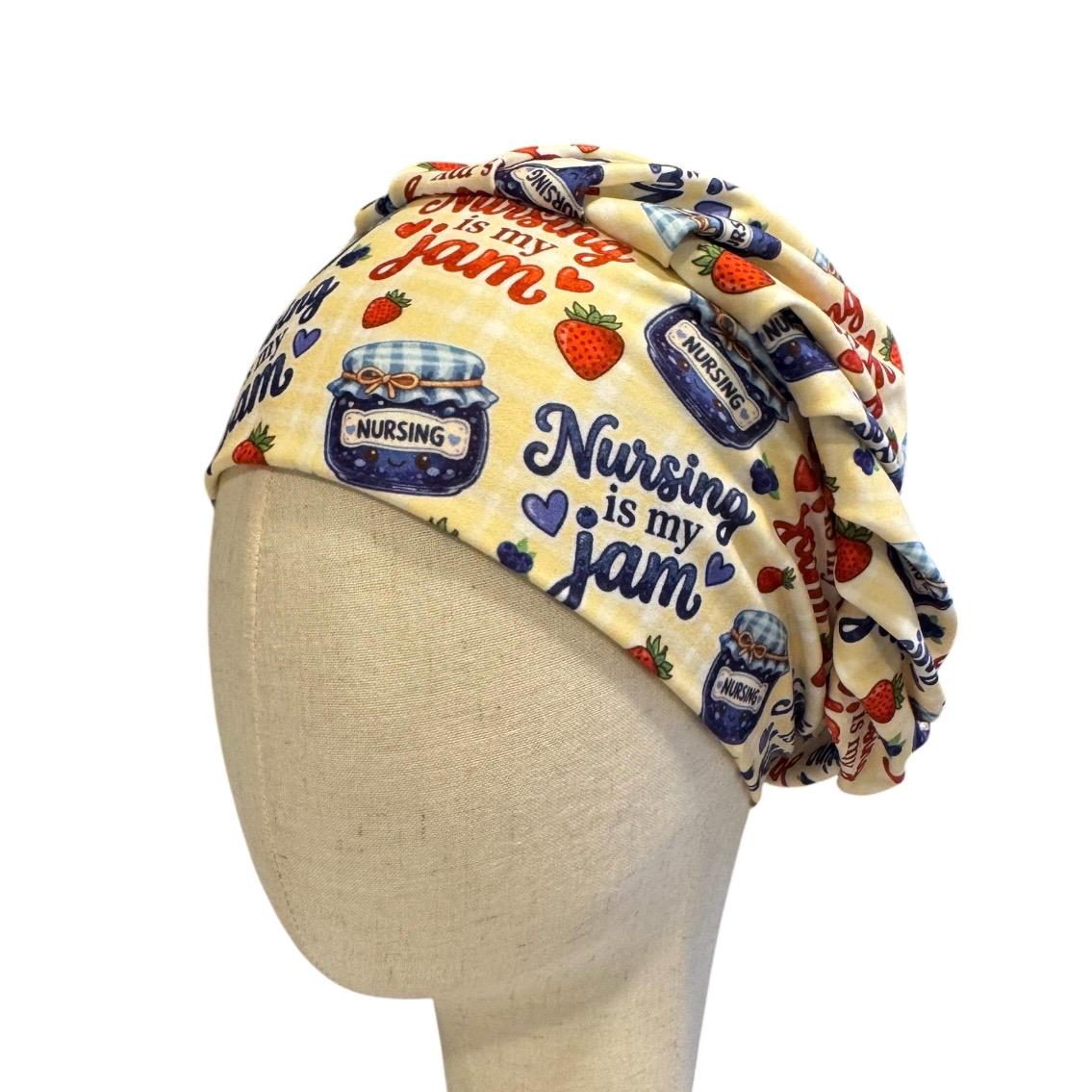 Nursing Jam Blueberry/Strawberry Bouffant Scrub Cap, Headband Style, Surgical Hat