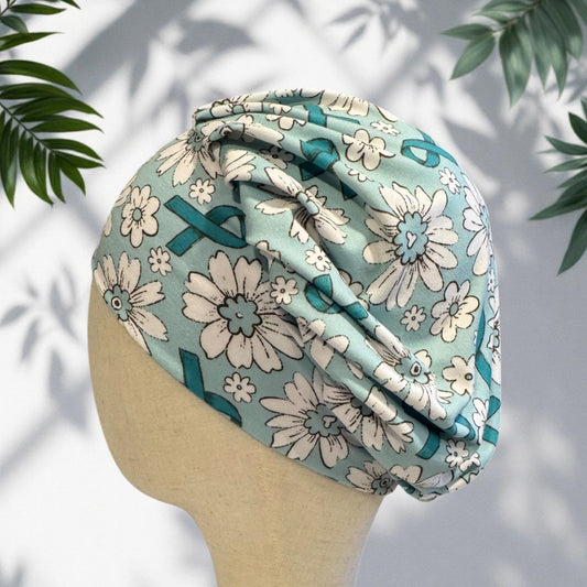 Teal Ribbon Floral Bouffant Scrub Cap, Headband Style, Breast Cancer Awareness