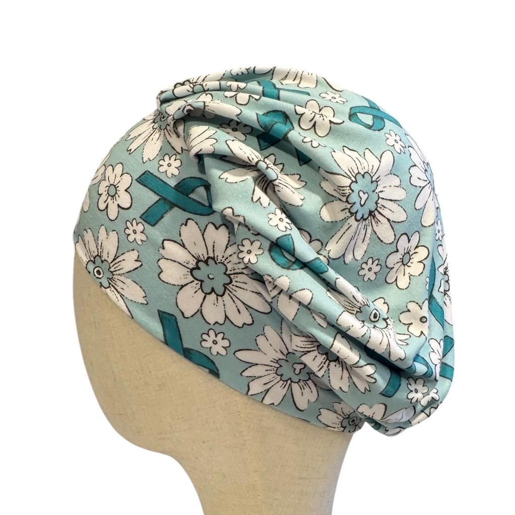 Teal Ribbon Floral Bouffant Scrub Cap, Headband Style, Breast Cancer Awareness