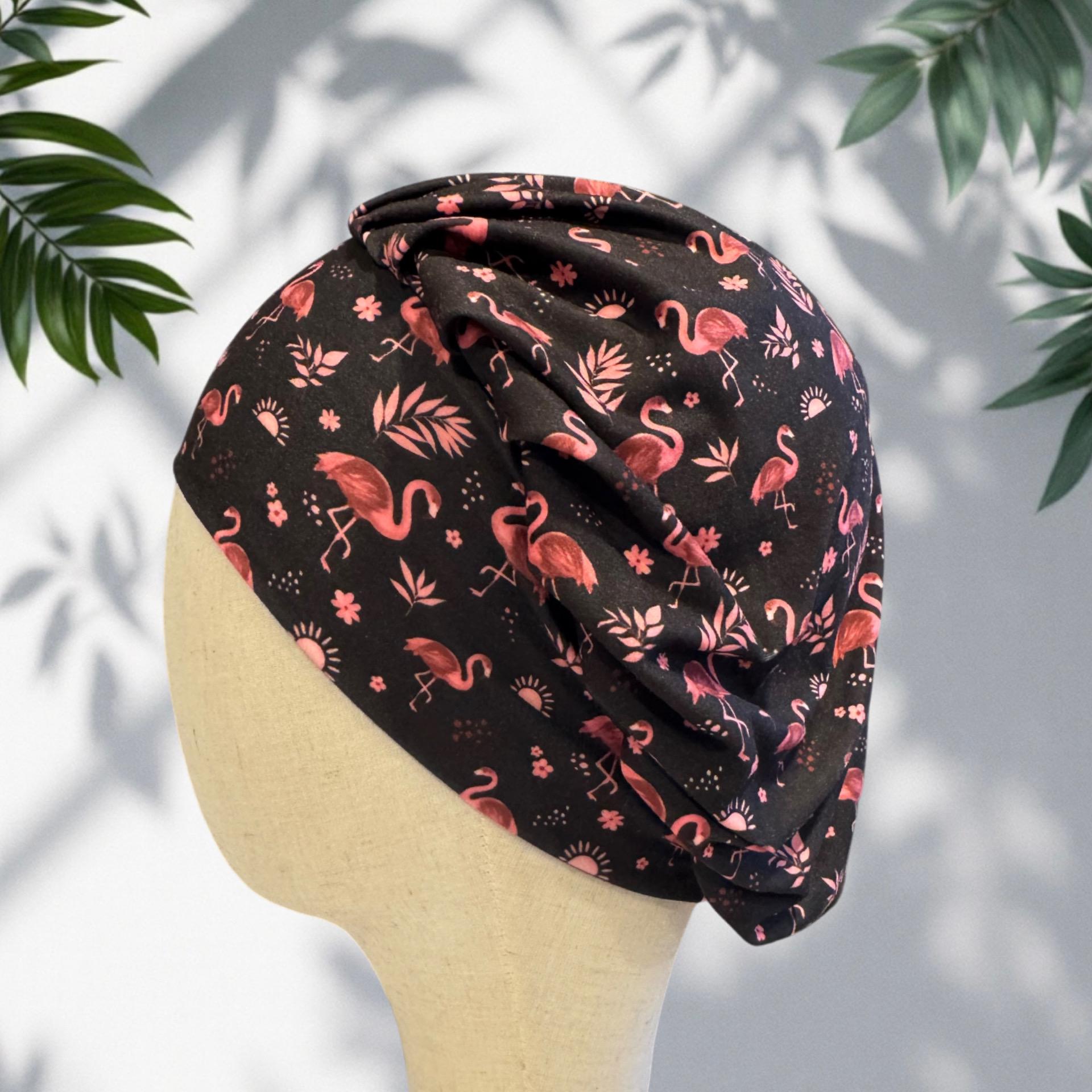 Flamingo on Black Bouffant Scrub Cap: Soft Stretchy Headband Style Surgical Hat