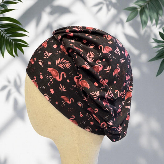 Flamingo on Black Bouffant Scrub Cap: Soft Stretchy Headband Style Surgical Hat