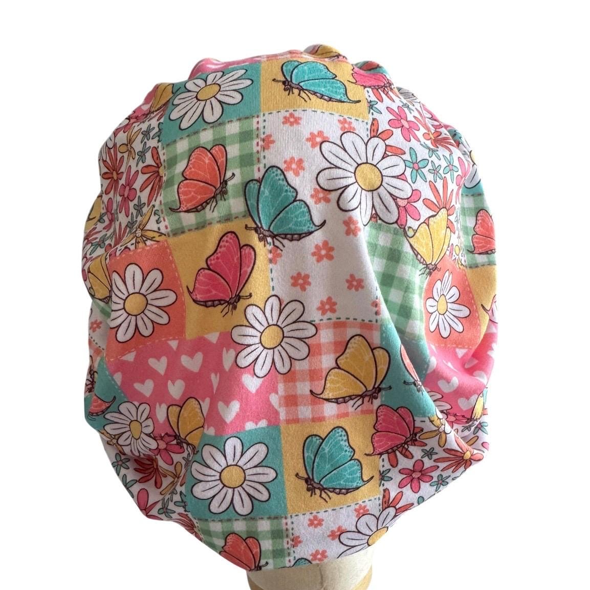 Butterfly Floral Bouffant Scrub Cap | Headband Style Nurse Cap | Colorful Patchwork Surgical Hat | Ponytail Scrub Cap