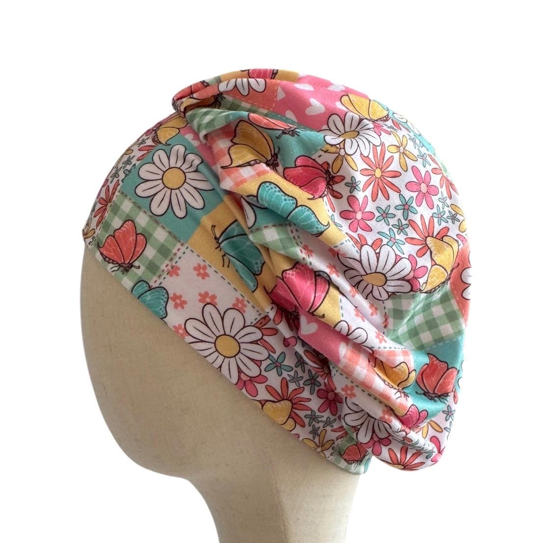 Butterfly Floral Bouffant Scrub Cap | Headband Style Nurse Cap | Colorful Patchwork Surgical Hat | Ponytail Scrub Cap