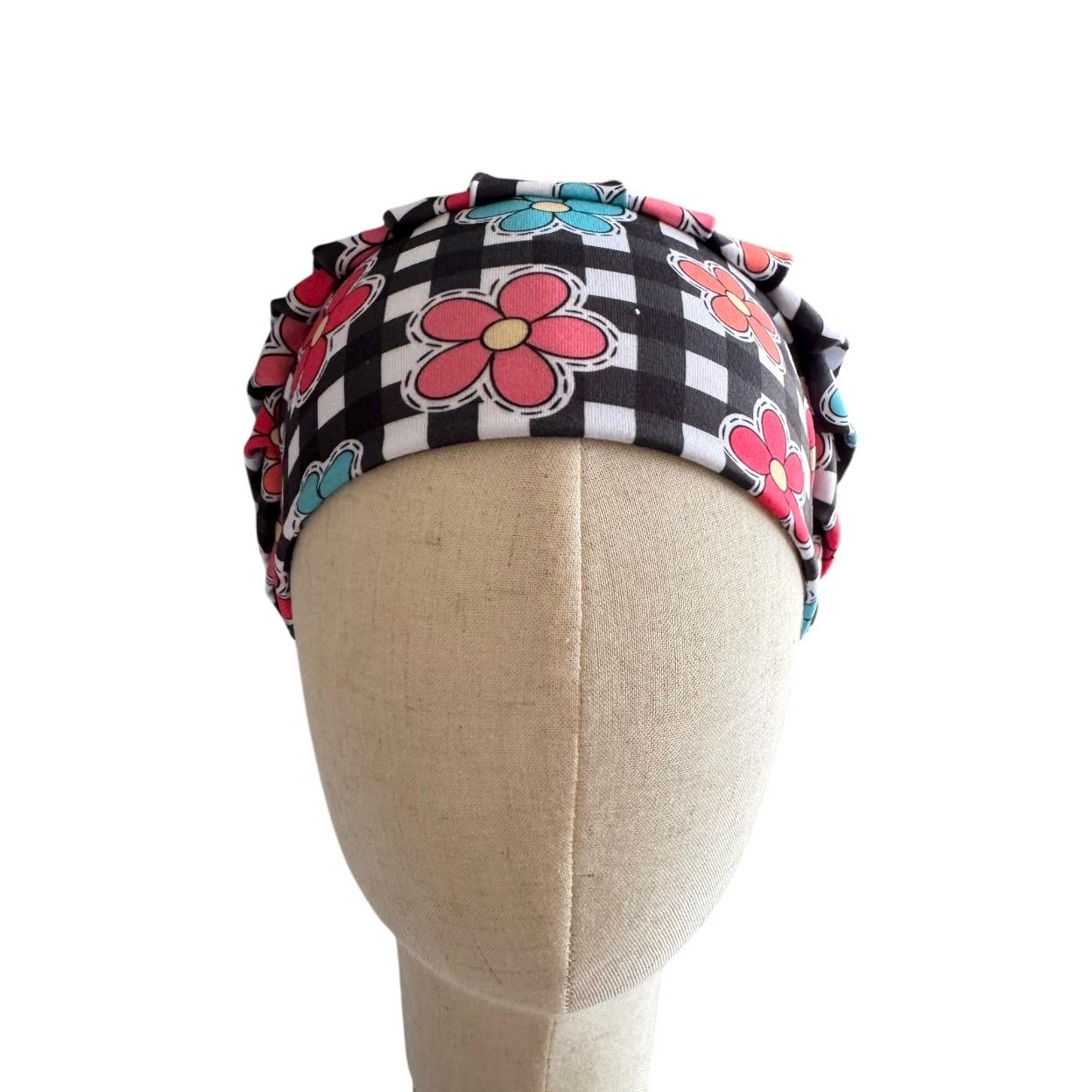 Floral Checkered Bouffant Scrub Cap | Headband Style Nurse Cap | Retro Flower Surgical Hat | Ponytail Medical Scrub Cap