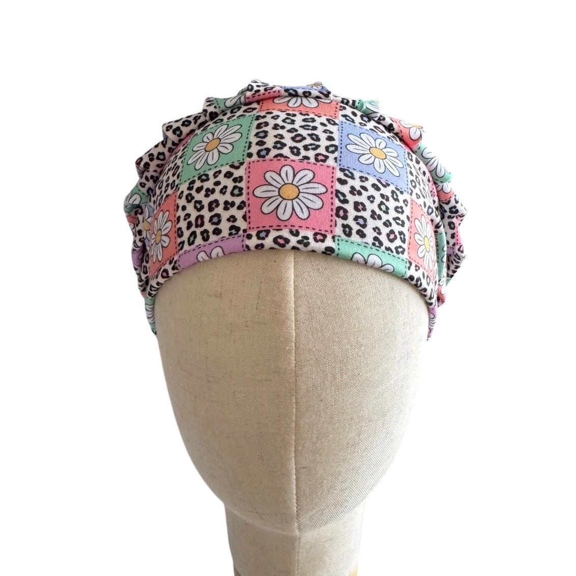 Leopard Daisy Bouffant Scrub Cap | Headband Style Nurse Cap | Pastel Floral Surgical Hat | Ponytail Medical Scrub Cap