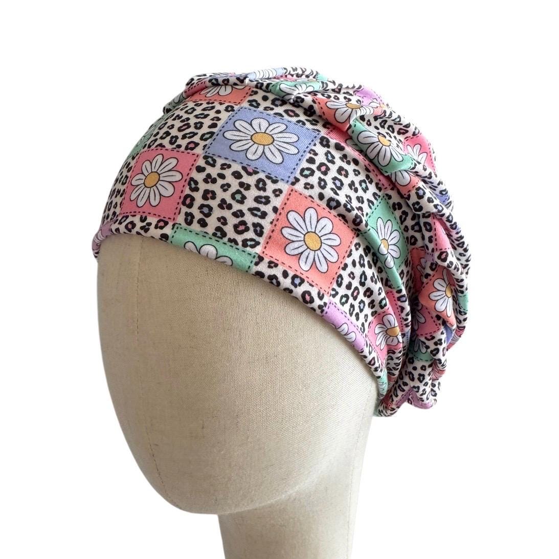 Leopard Daisy Bouffant Scrub Cap | Headband Style Nurse Cap | Pastel Floral Surgical Hat | Ponytail Medical Scrub Cap