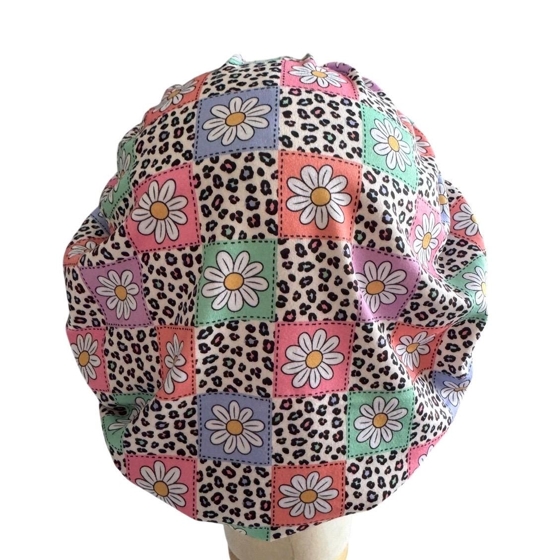 Leopard Daisy Bouffant Scrub Cap | Headband Style Nurse Cap | Pastel Floral Surgical Hat | Ponytail Medical Scrub Cap