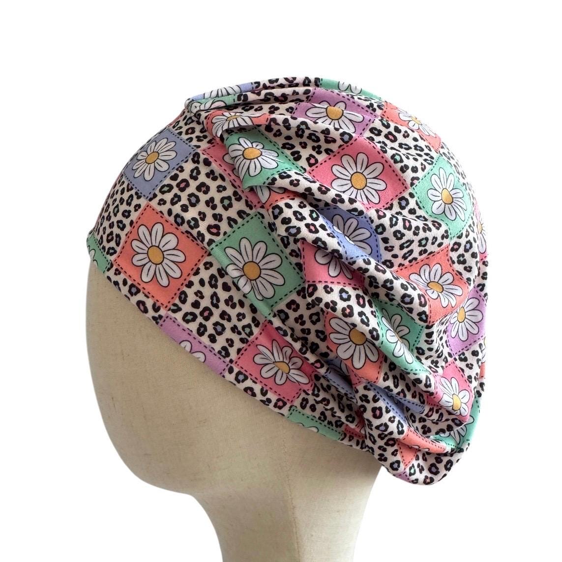 Leopard Daisy Bouffant Scrub Cap | Headband Style Nurse Cap | Pastel Floral Surgical Hat | Ponytail Medical Scrub Cap