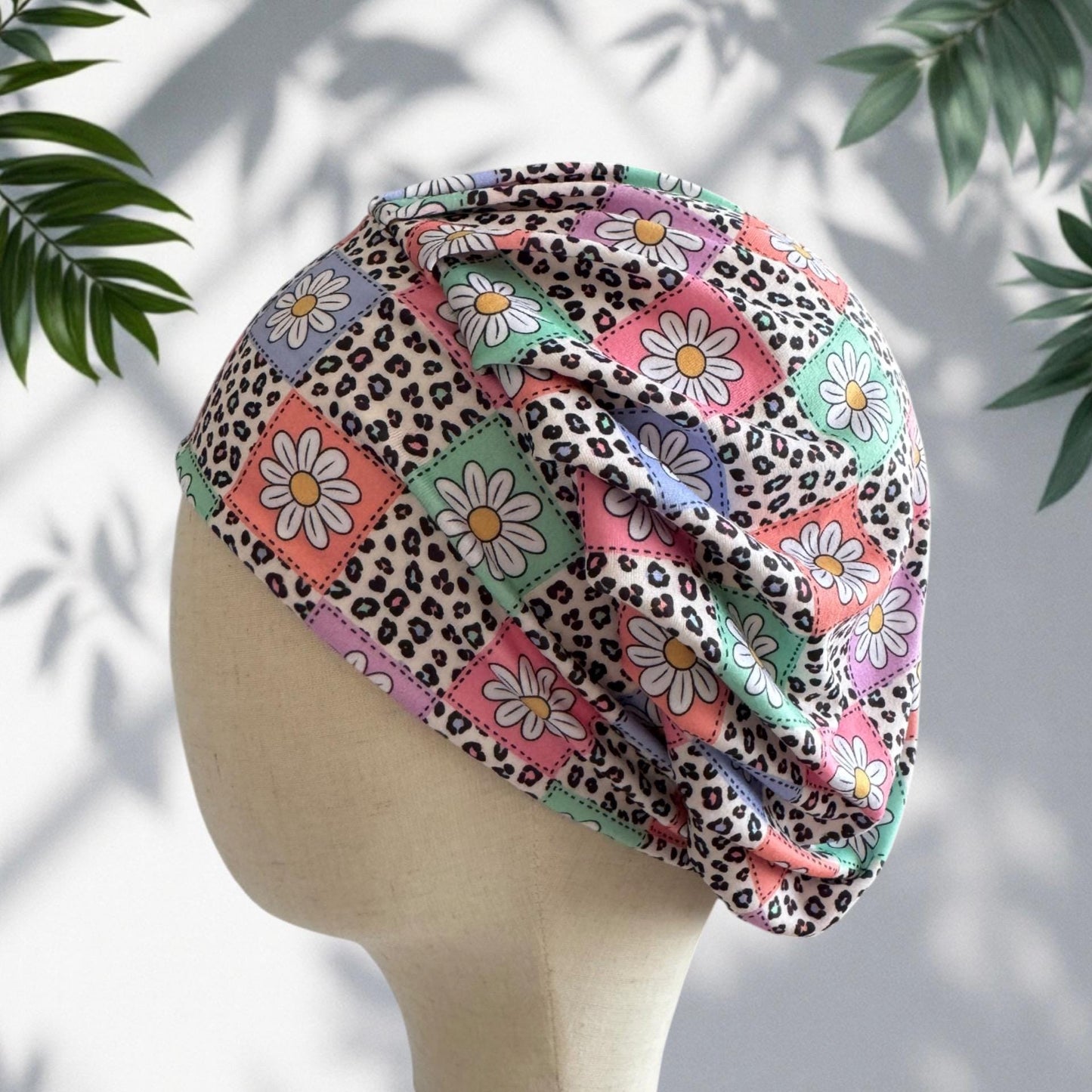 Leopard Daisy Bouffant Scrub Cap | Headband Style Nurse Cap | Pastel Floral Surgical Hat | Ponytail Medical Scrub Cap