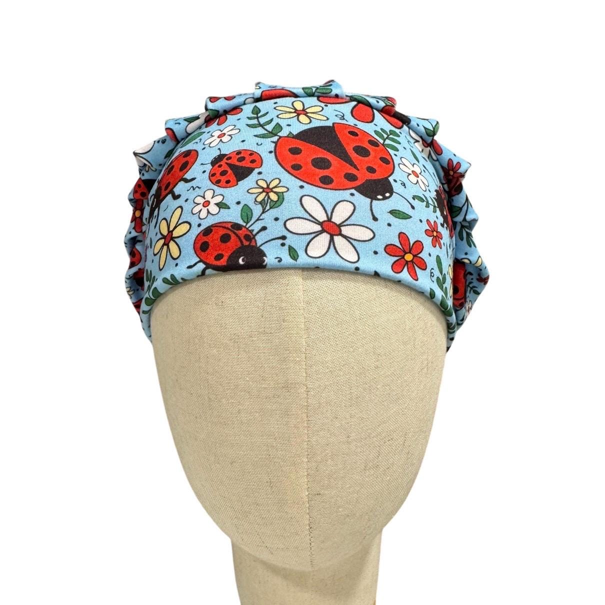 Ladybug on blue Bouffant Scrub Cap, Surgical Cap, Ponytail Scrub Hat, Medical Cap