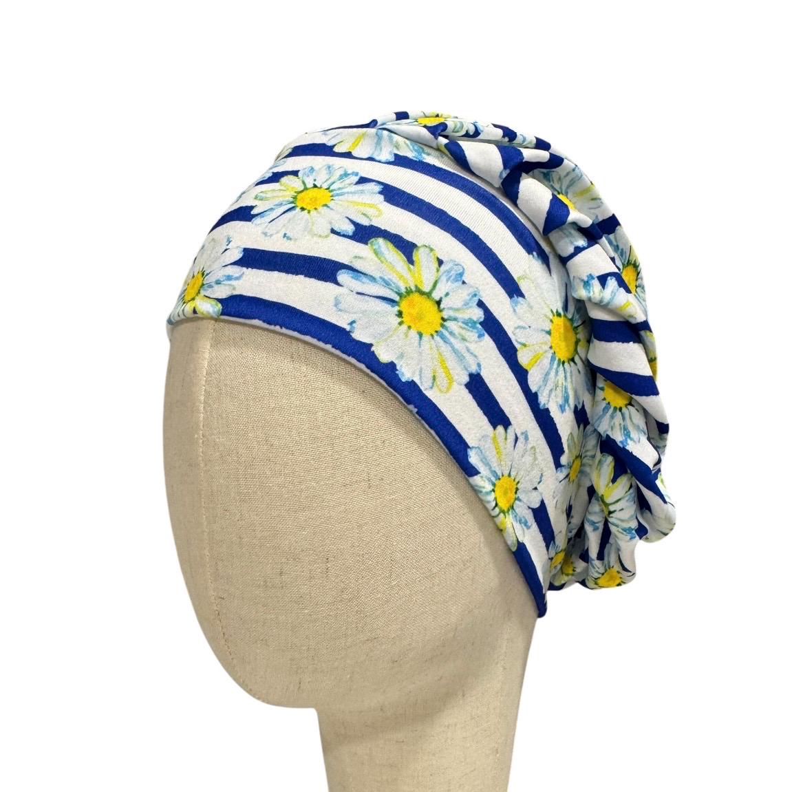 Daisy Bouffant Scrub Cap, Blue Stripe Floral Surgical Hat, Summer Flower Scrub Cap, Headband Style OR Cap