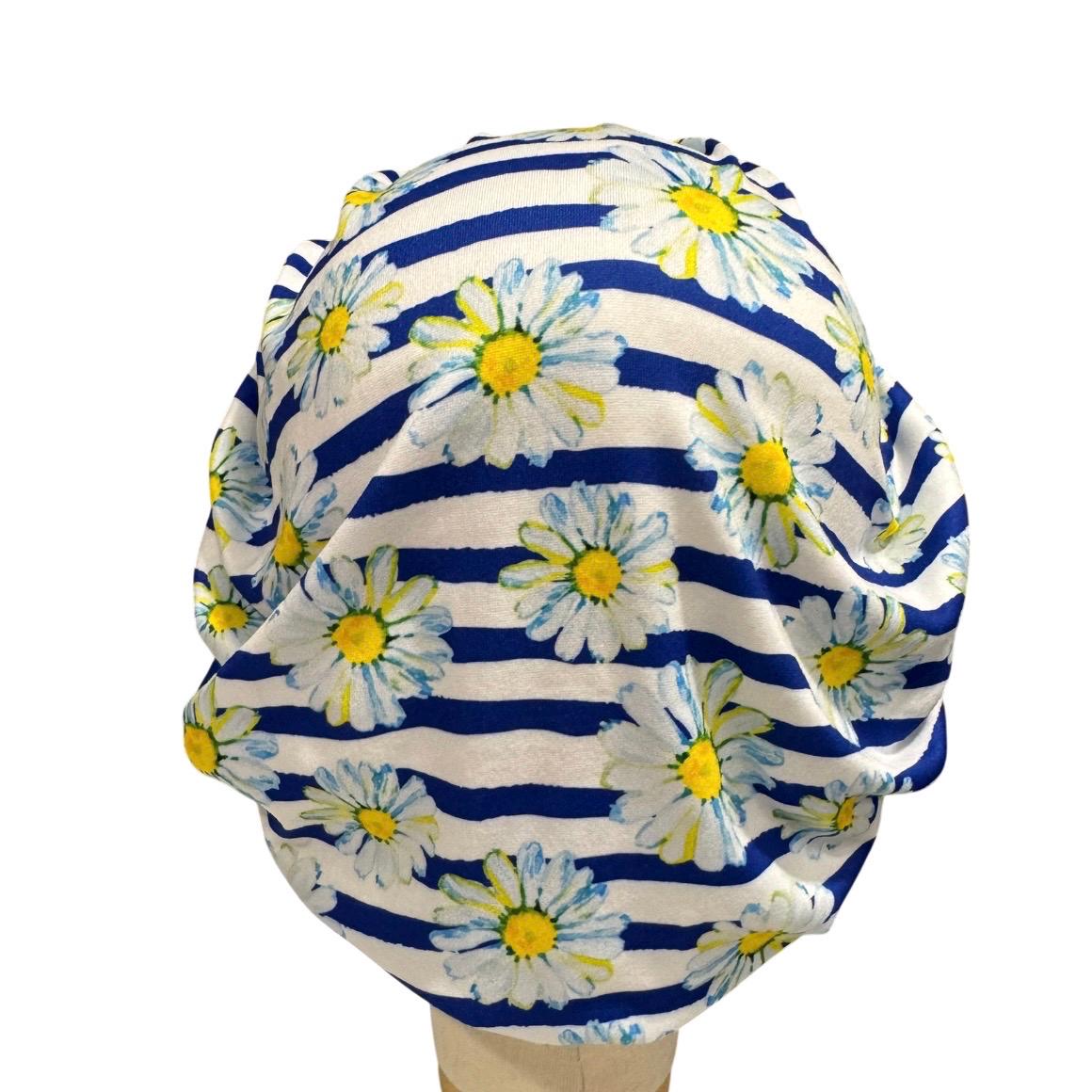 Daisy Bouffant Scrub Cap, Blue Stripe Floral Surgical Hat, Summer Flower Scrub Cap, Headband Style OR Cap