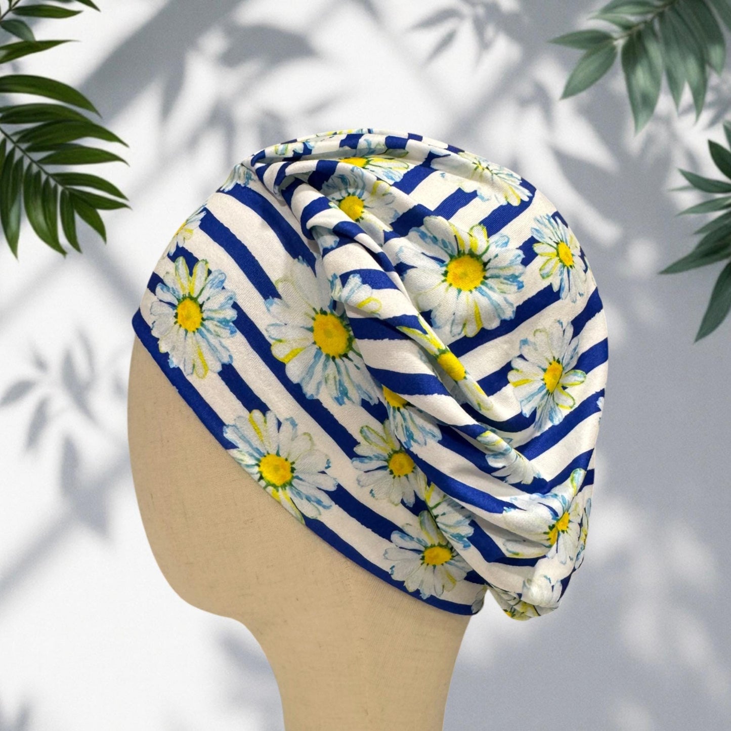 Daisy Bouffant Scrub Cap, Blue Stripe Floral Surgical Hat, Summer Flower Scrub Cap, Headband Style OR Cap