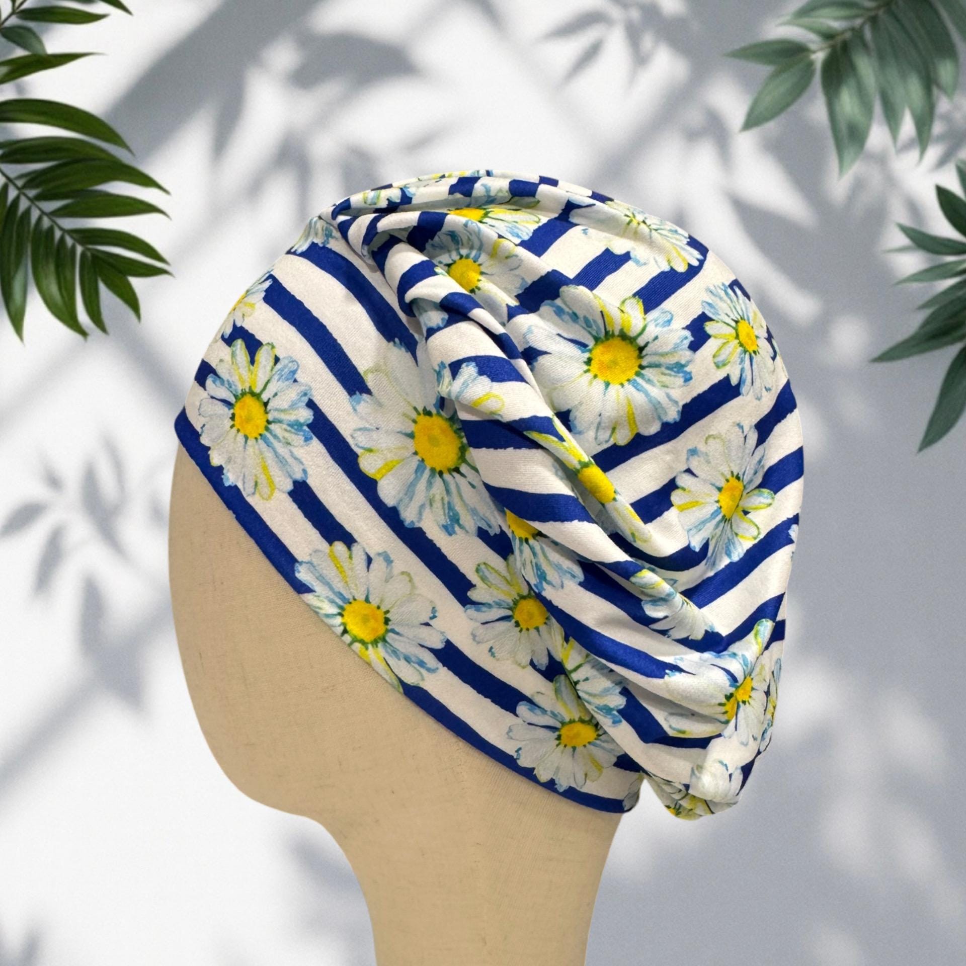 Daisy Bouffant Scrub Cap, Blue Stripe Floral Surgical Hat, Summer Flower Scrub Cap, Headband Style OR Cap