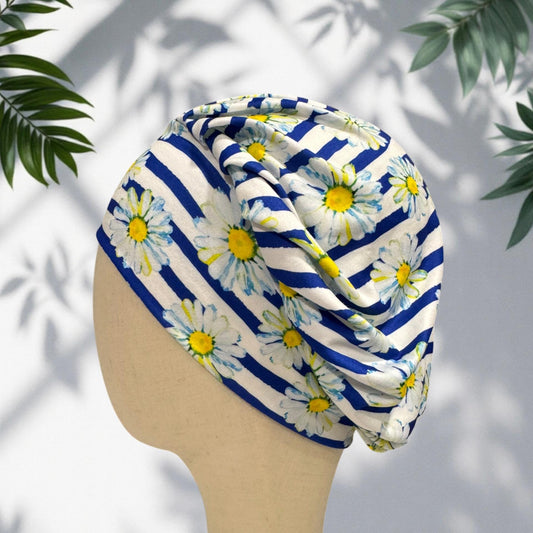 Daisy Bouffant Scrub Cap, Blue Stripe Floral Surgical Hat, Summer Flower Scrub Cap, Headband Style OR Cap