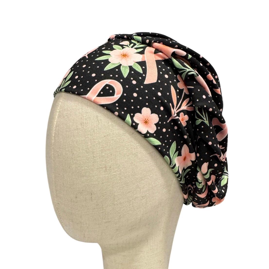 Pink Ribbon Floral Bouffant Scrub Cap, Breast Cancer Awareness Surgical Hat, Floral Nurse Scrub Cap