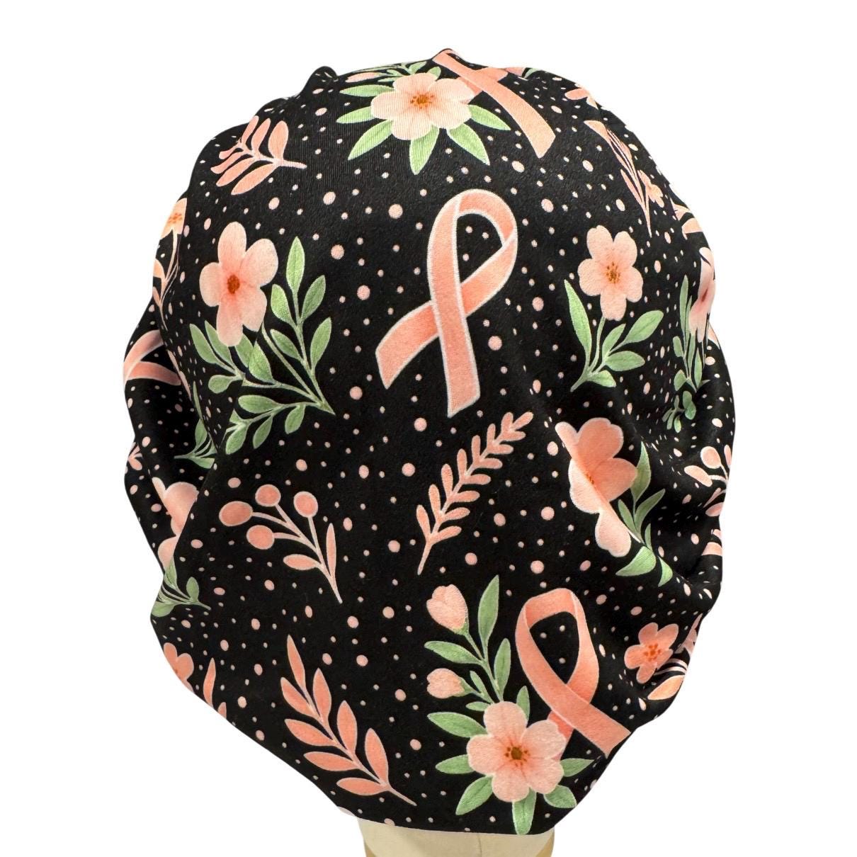 Pink Ribbon Floral Bouffant Scrub Cap, Breast Cancer Awareness Surgical Hat, Floral Nurse Scrub Cap