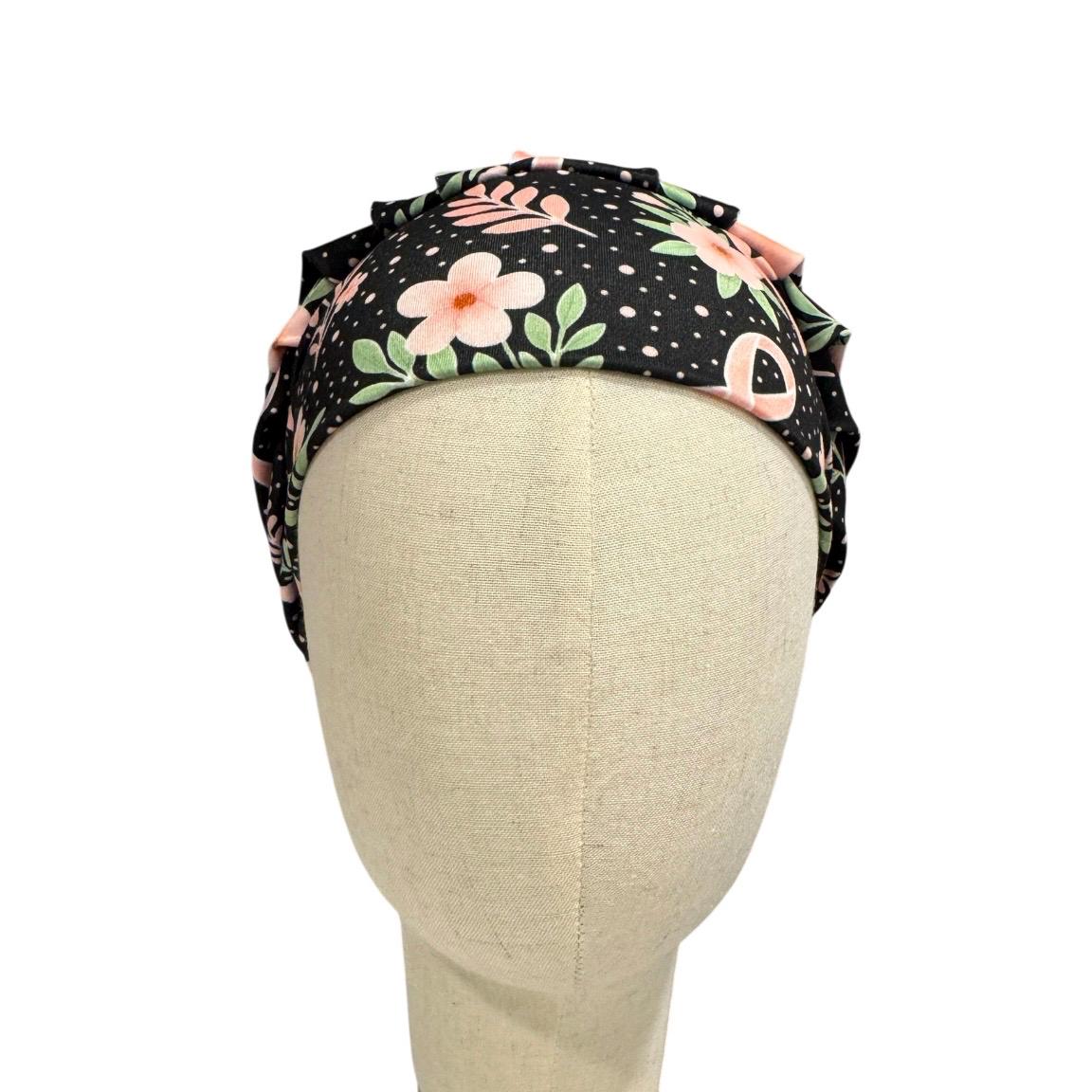 Pink Ribbon Floral Bouffant Scrub Cap, Breast Cancer Awareness Surgical Hat, Floral Nurse Scrub Cap
